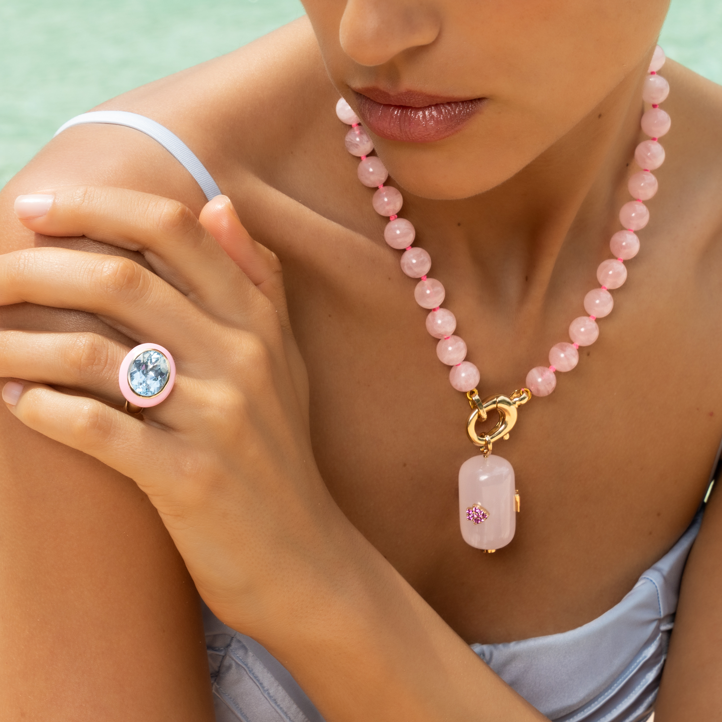 Blue Topaz Pink Enamel Arena Ring