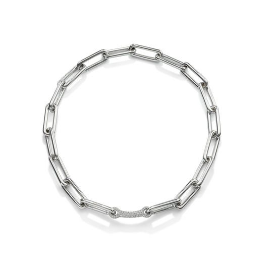 Long White Gold Identity Necklace With Diamond Bar