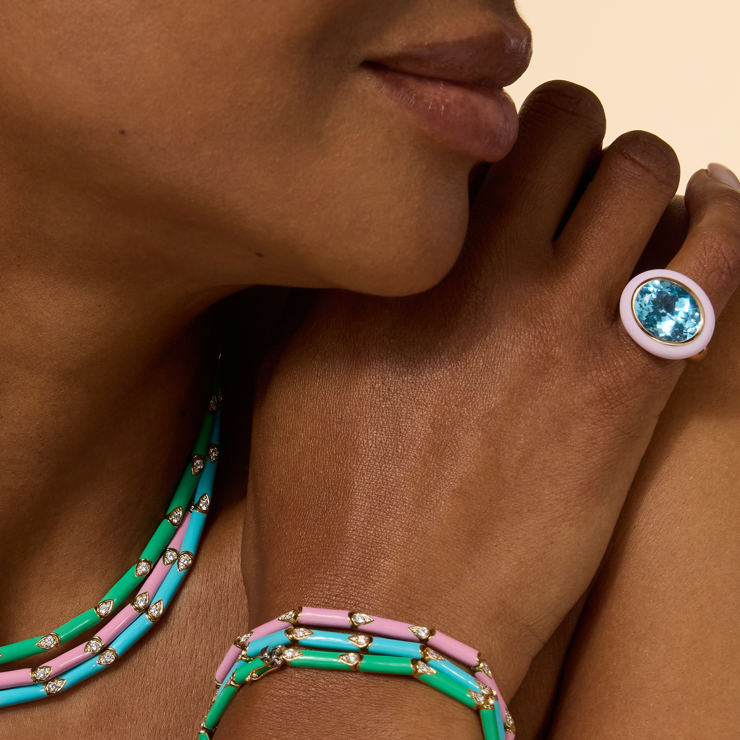 Arena Blue Topaz Pink Enamel Ring