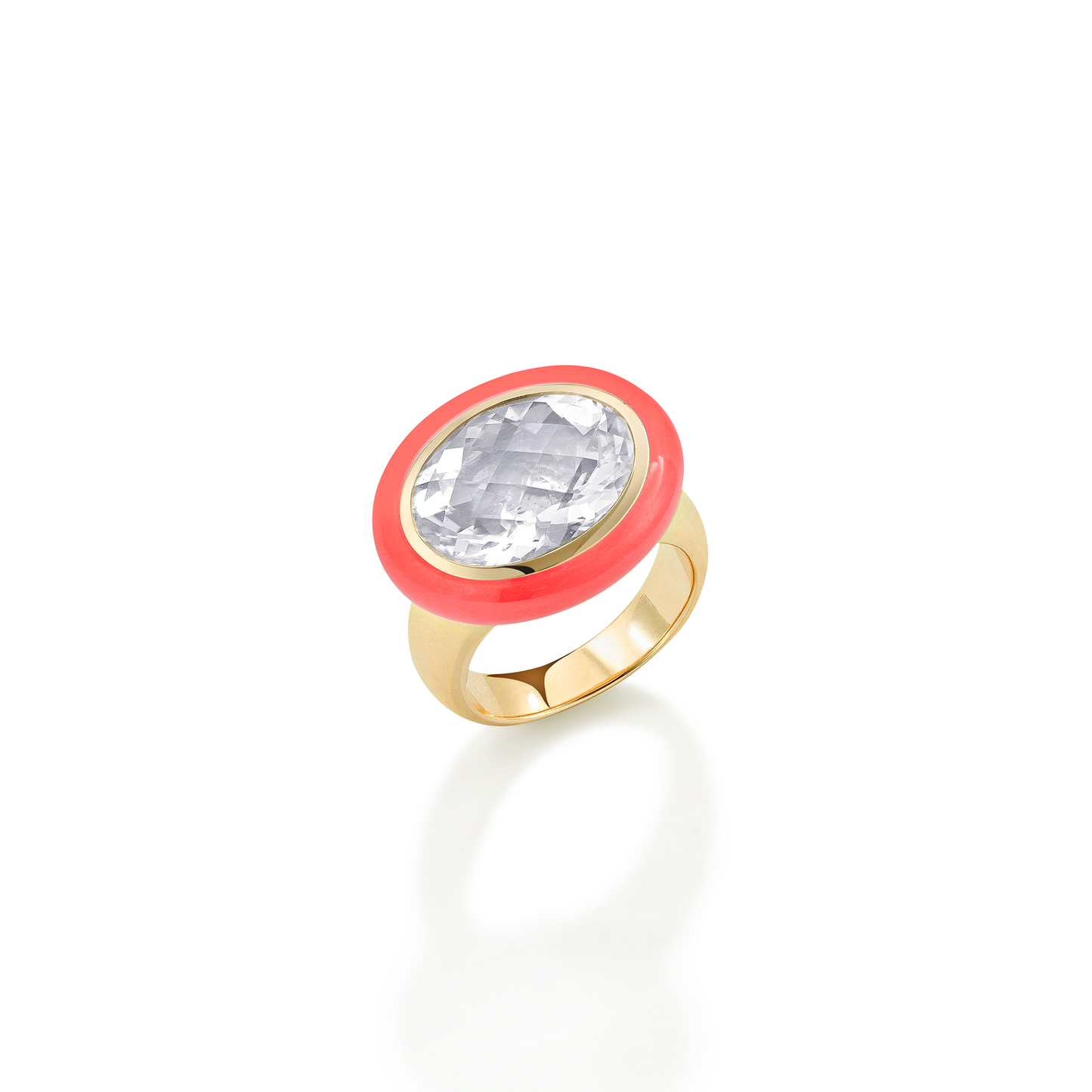 Rock Crystal Coral Enamel Arena Ring