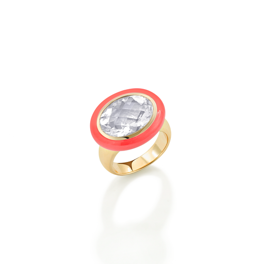 Rock Crystal Coral Enamel Arena Ring